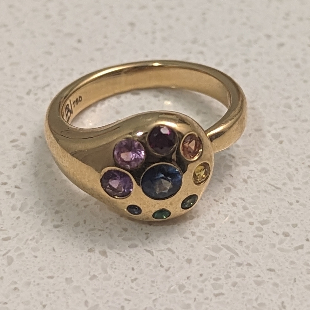 Brent Neale 18k medium petal colorful sapphire ring -size 6.5